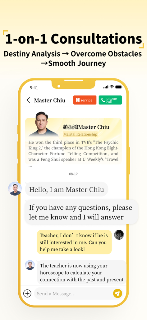 Seer - Blessing Zodiac Fortune - 1-zu-1-Beratungs-Chat-Oberfläche mit Meister Chiu in der Seer-App