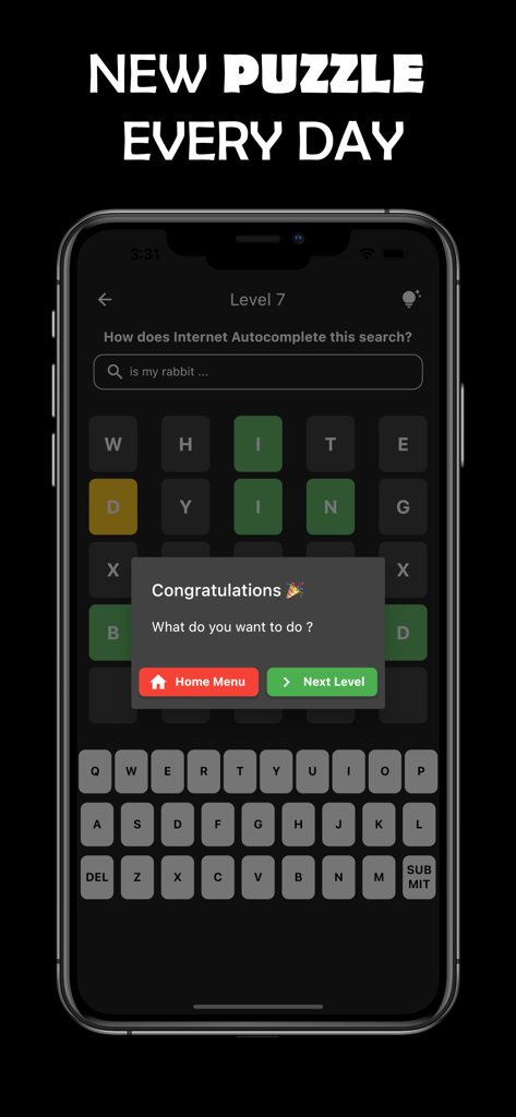 Searchle -Feudle - Connections - Gameplay screen of Searchle word puzzle app showing a successfully completed autocomplete search level.