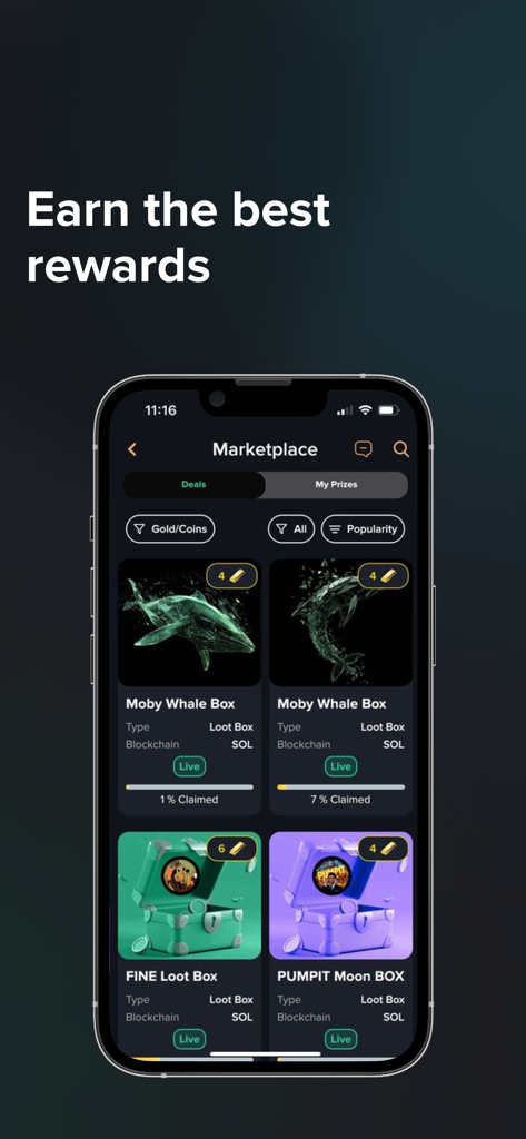 AssetDash: Portfolio Tracker - AssetDash app marketplace screen displaying various Solana loot boxes and digital rewards