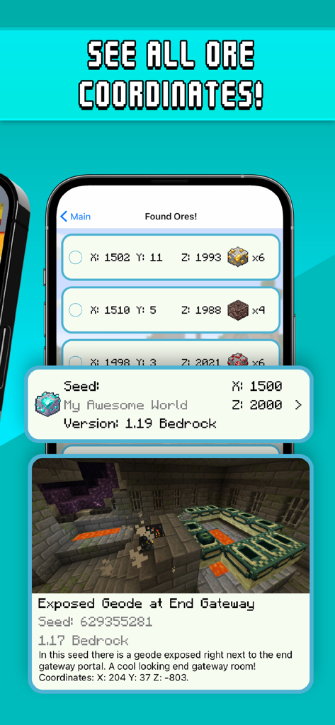 Find Diamonds!™ Minecraft Ores - Interfaz de la aplicación Find Diamonds que muestra coordenadas de minerales de Minecraft y detalles de semillas