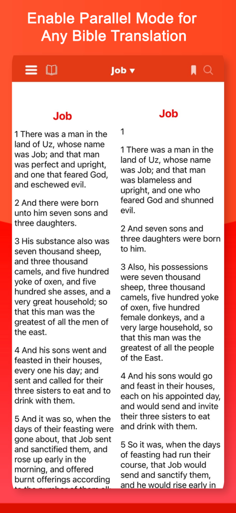Bible: Read KJV, Study & Audio - A side by side comparison of two different Bible translations of the Book of Job in parallel reading mode
