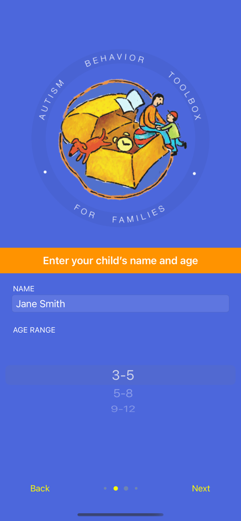 Autism Toolbox - Behavior - Child profile setup screen in the Autism Toolbox app showing name input and age range selection