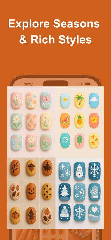 Mobile app screen showing a grid of nail art designs organized by seasons including spring summer autumn and winter