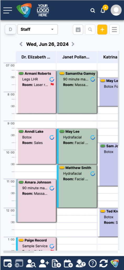 AestheticsPro - Daily calendar view in AestheticsPro app showing medspa staff appointments and service details