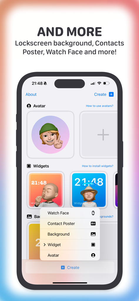 Memojiアバター、時計ウィジェット、カスタムウォッチフェイスの作成オプションを示すLikenessアプリのiPhoneインターフェース。