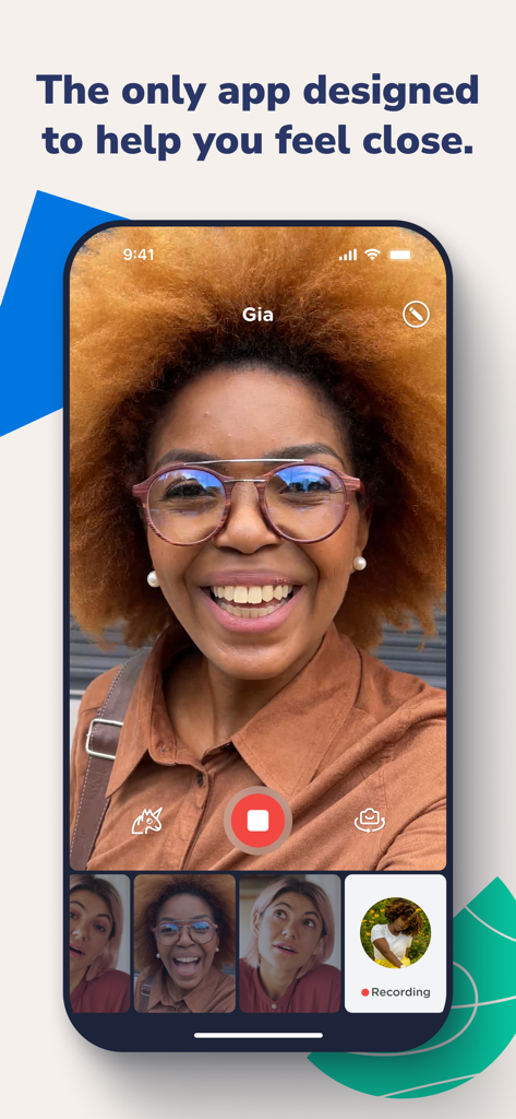 A woman smiles while recording a video message on the Marco Polo app interface with a headline about staying close