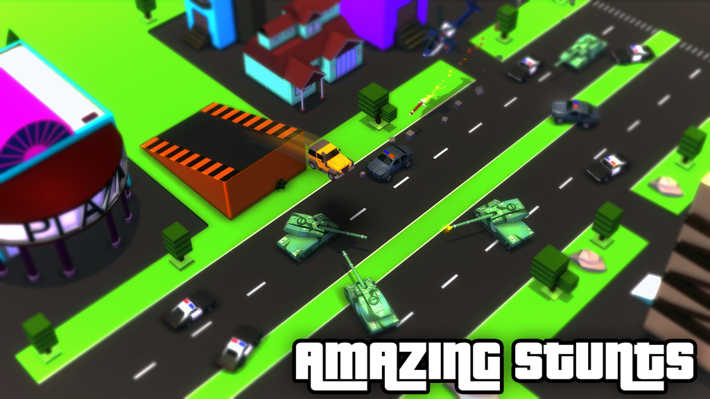 Police Chase: No Limits - Captura de pantalla isométrica del juego que muestra una persecución de coches con tanques y vehículos policiales en una ciudad de baja poligonización