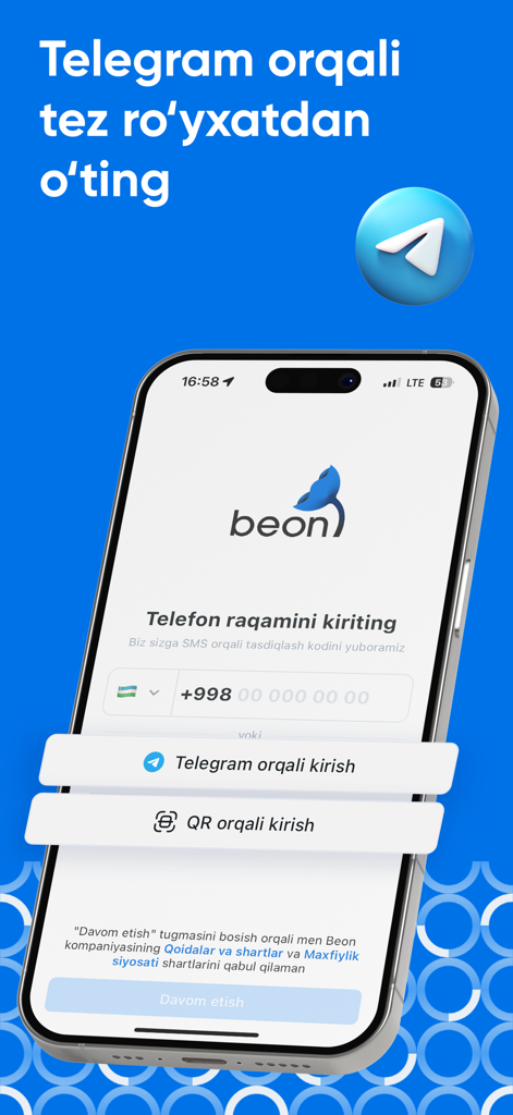 Beon - Tela de login do aplicativo móvel Beon mostrando opções de registro via número de telefone e Telegram