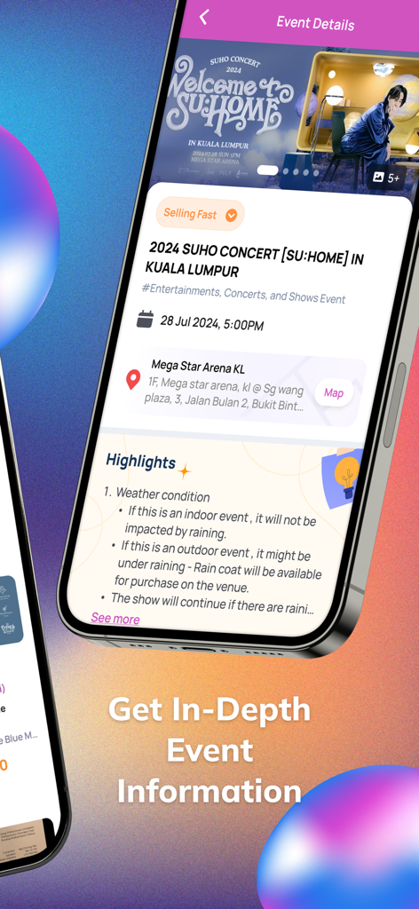 Ticket2U - Ticket2U mobile app displaying in depth event details for a concert including map and highlights