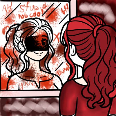 a woman looks at her reflection in the mirror