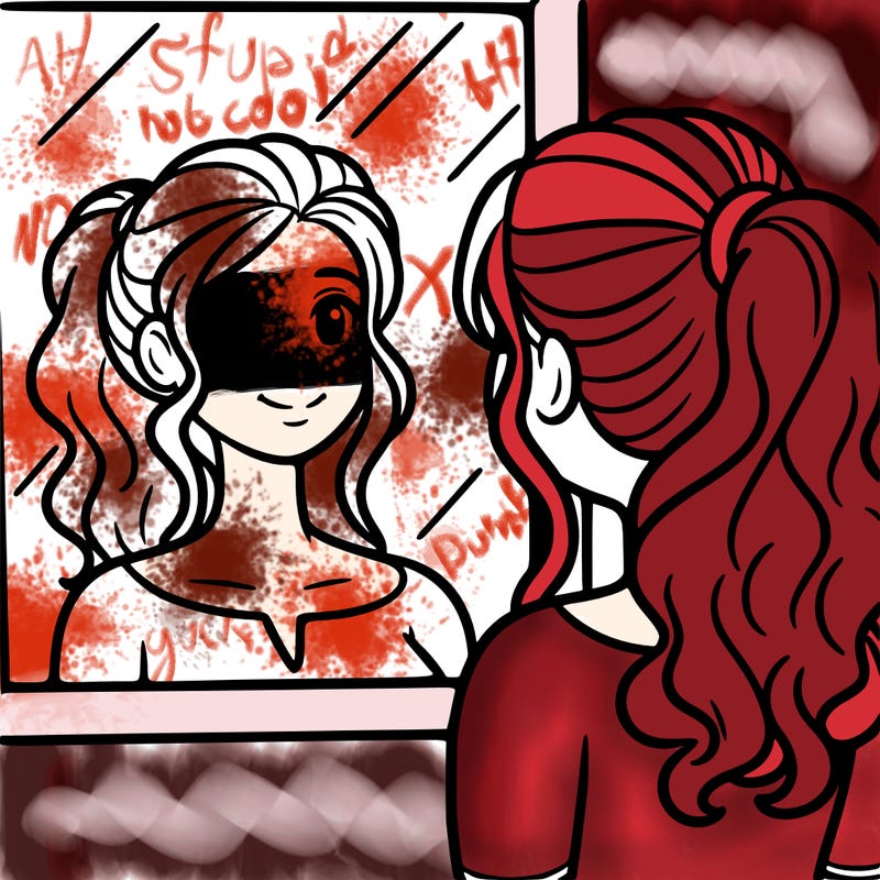 a woman looks at her reflection in the mirror