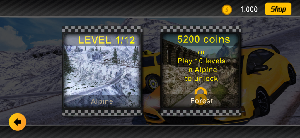 Taxi Driver 3D : Hill Station - Level selection screen in Taxi Driver 3D Hill Station showing Alpine and Forest options