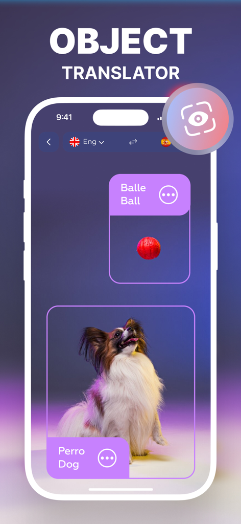 AI Voice Translator Language - Interface of the AI Voice Translator app showing object recognition and translation for a ball and a dog