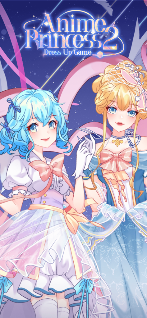 Anime Princess 2：Dress Up Game - Two cute anime girls wearing elaborate princess and lolita style dresses from the Anime Princess 2 mobile game.