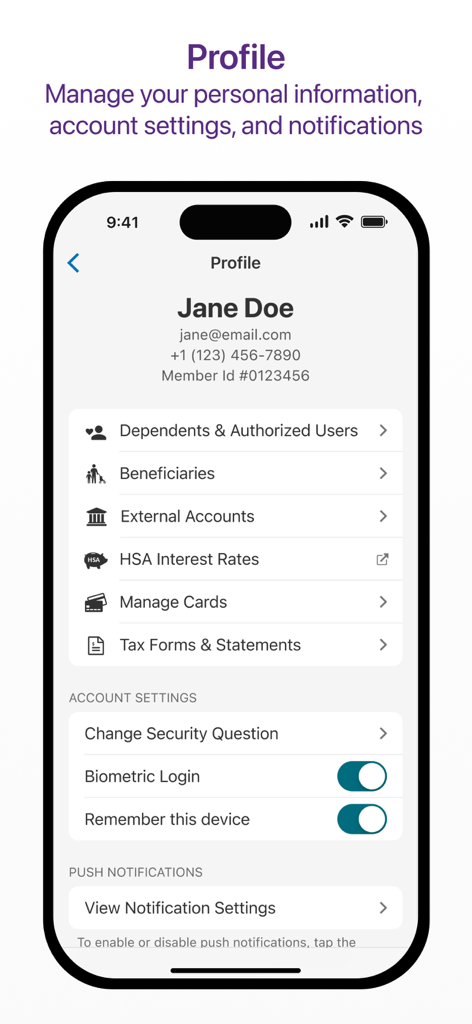 HealthEquity Mobile - Pantalla de perfil de la aplicación HealthEquity Mobile que muestra la configuración de la cuenta, información personal y opciones de seguridad.