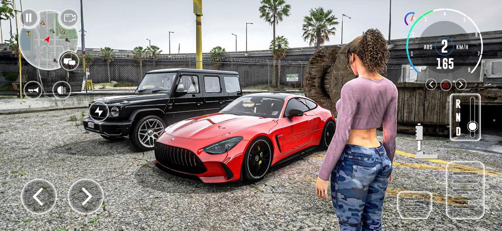 Car Driving City 3D Simulator - Un auto deportivo rojo y una SUV negra estacionados en un entorno de mundo abierto en el juego Car Driving City 3D Simulator