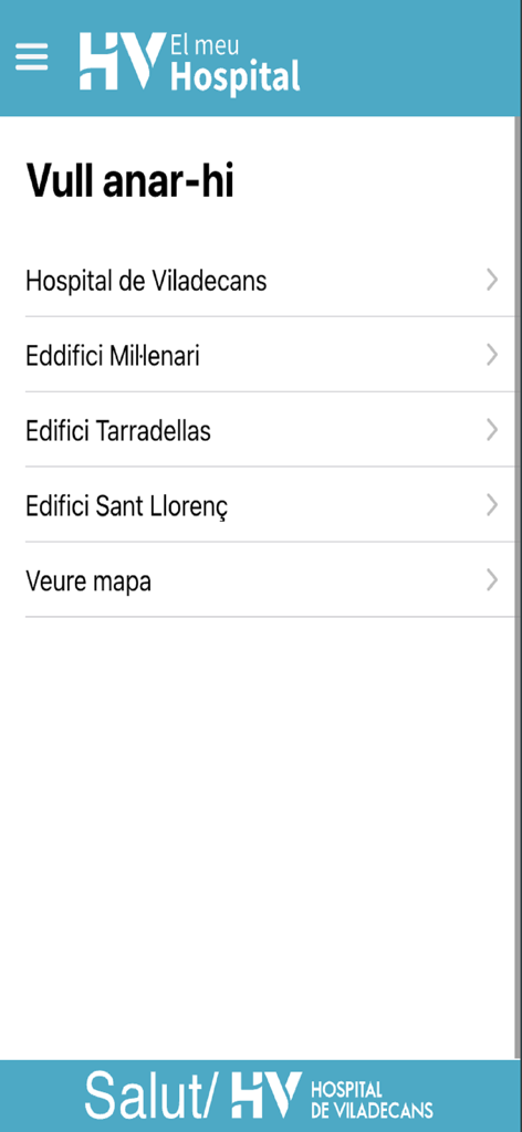 Hospital de Viladecans - Menú de navegación de la aplicación del Hospital de Viladecans que muestra una lista de edificios del hospital