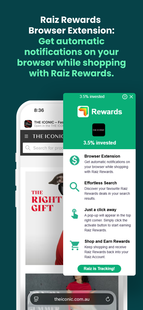 Raiz Rewards Browser Extension - Vista móvil de la extensión del navegador Raiz Rewards mostrando notificaciones de recompensas de compras y funciones de microinversión