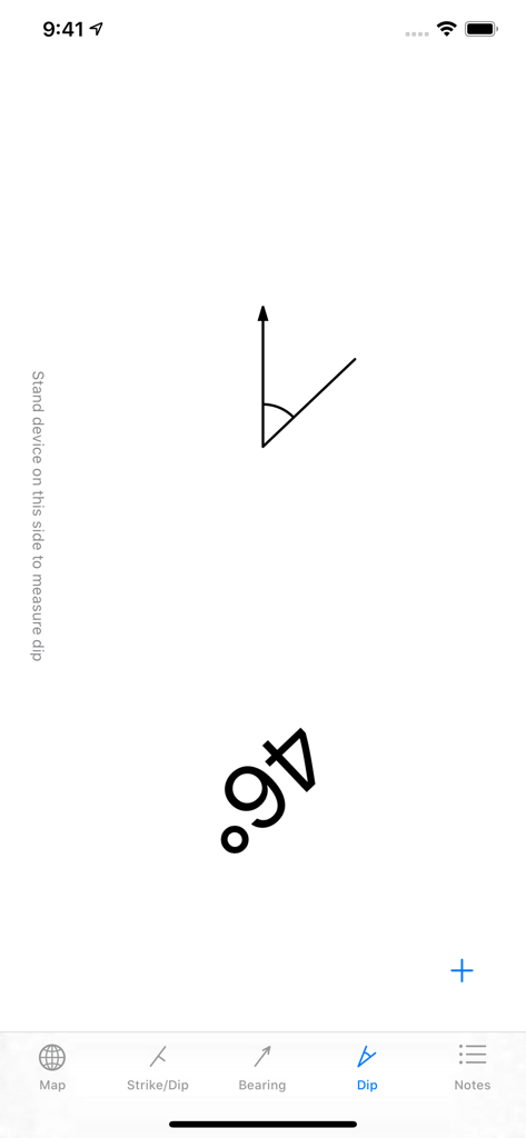 Strike and Dip - 地質アプリのインターフェース。フィールドワークのために46度の傾斜測定値を表示しています。