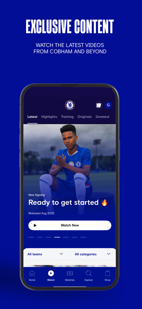 Chelsea Official App interface showing exclusive video content and latest club news