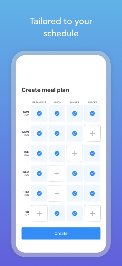 Intent - Meal Planner - A weekly meal planning grid showing customizable options for breakfast lunch dinner and snacks.