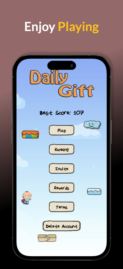 DailyGift - Play and Earn - Main menu of the DailyGift mobile app showing buttons for play ranking and rewards