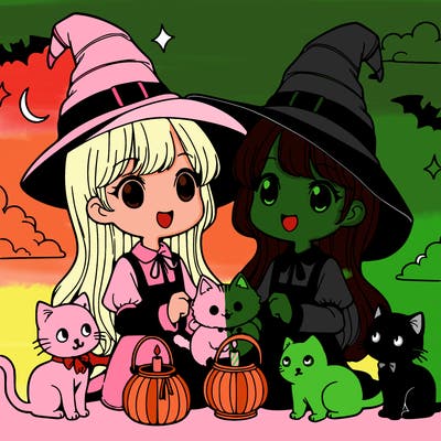 two witches with cats