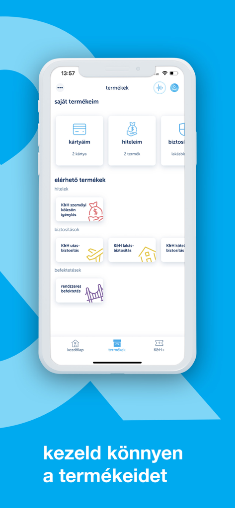 K&H mobilbank - Captura de tela do aplicativo K&H mobilbank mostrando a interface de gerenciamento de produtos para cartões, empréstimos e seguros