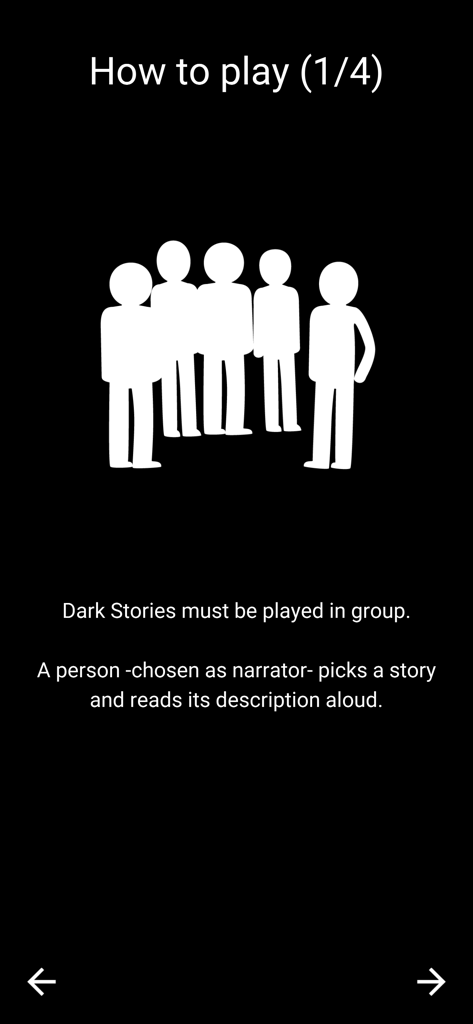 Dark Stories - Instructional screen for Dark Stories explaining group play and the role of the narrator.
