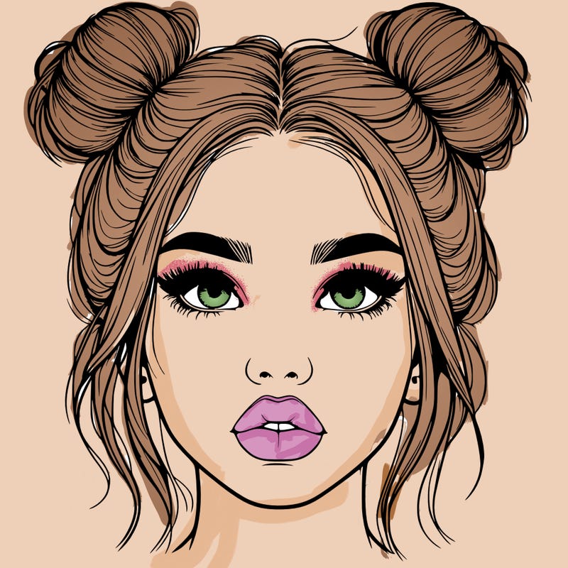 realistic girl with two buns on her hair and lips