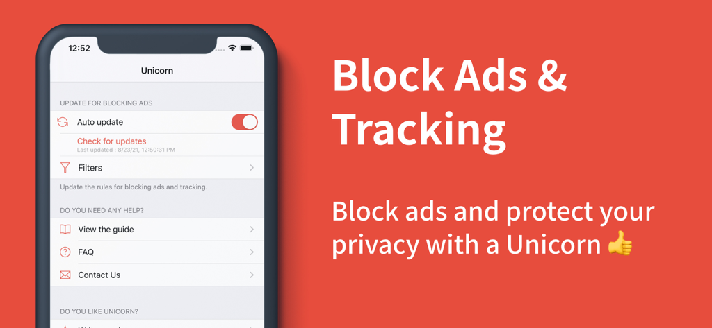 Unicorn Blocker app interface for blocking ads and tracking on iPhone