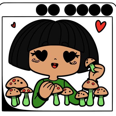 a girl with a buss cut with a mushroom love
