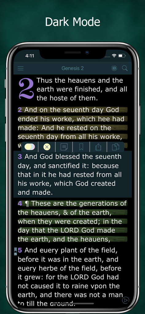 Dark mode interface of the 1611 King James Bible app showing Genesis chapter 2