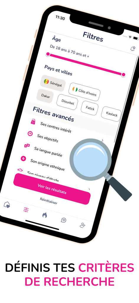 NousDeux - App de rencontre - NousDeux app interface showing search filters for age and locations in Senegal and Ivory Coast with advanced criteria options