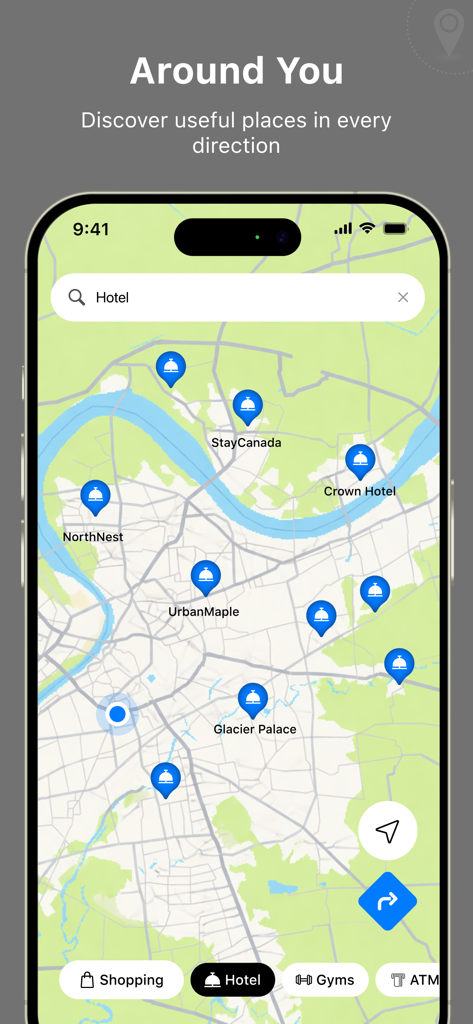 Map interface of the IP Location Changer app displaying nearby hotel search results with custom pins.