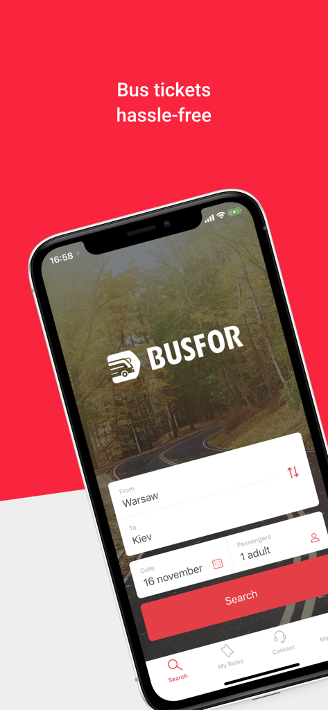 BUSFOR mobile app search interface for booking bus tickets in Europe