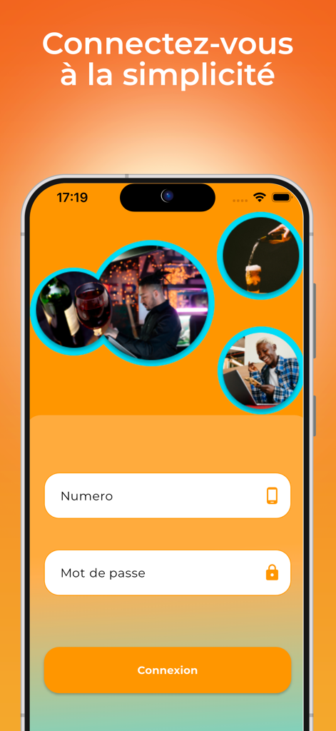 E-maquis: Serveur/Serveuse - The login interface for the E-maquis server app on a mobile device showing phone number and password fields