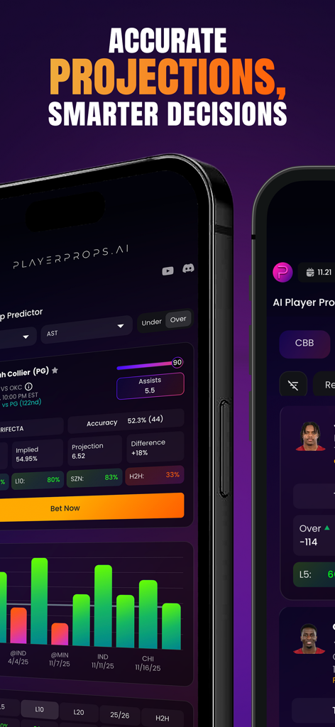 PlayerProps.ai mobile app interface showing AI powered player prop projections and historical performance charts for sports betting