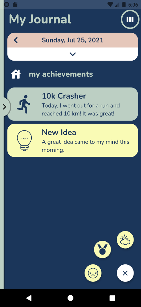 My Fibro Journal - Screenshot of the My Fibro Journal app displaying a list of daily achievements like a 10km run and a new idea on a dark blue interface