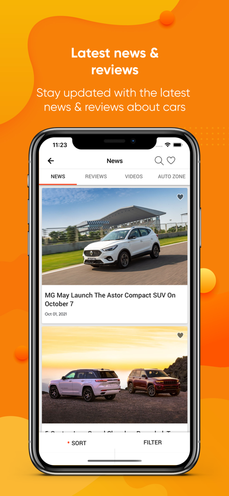 Mobile screen showing the latest car news and expert reviews in the CarDekho app