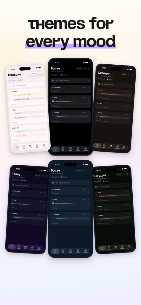 Calendar & Daily Planner - Eva - Mehrere iPhone-Bildschirme, die verschiedene ästhetische helle und dunkle Farbthemen für die Eva-Kalender-App zeigen.