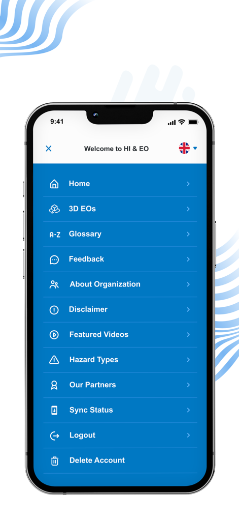 HI-EO - The navigation menu of the HI-EO app showing options like 3D EOs, Glossary, Hazard Types, and Featured Videos.