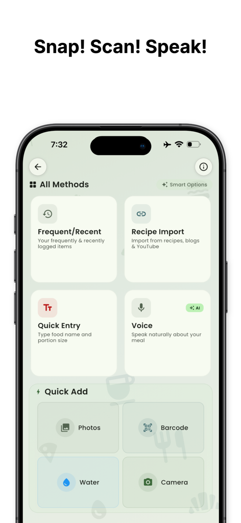 CalorieGram - Nutrition AI - Interfaz de la app CalorieGram mostrando opciones de registro de comidas por voz y foto con IA.