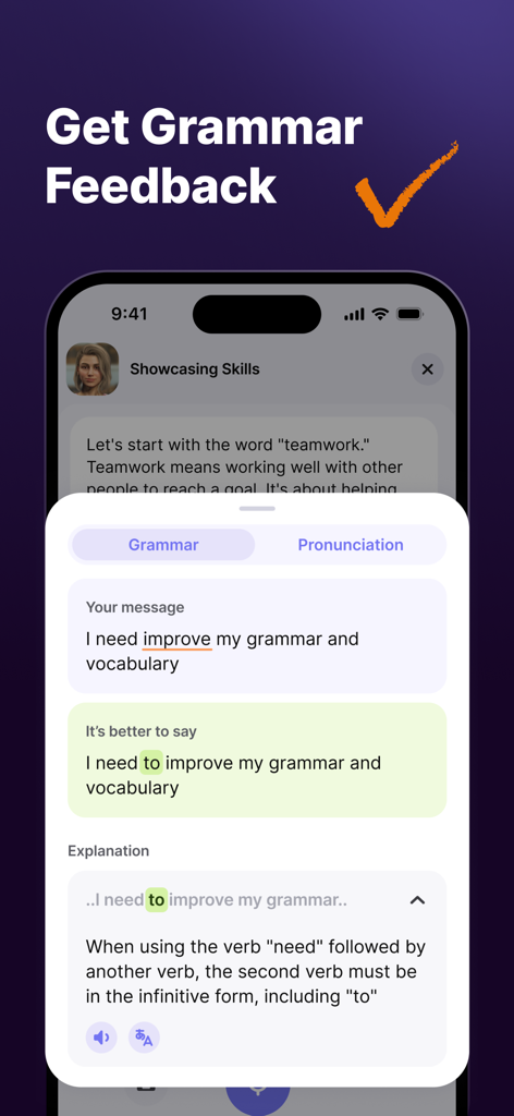 JustSpeak – AI English Tutor - JustSpeak app interface showing real-time grammar feedback and grammatical rules explanation