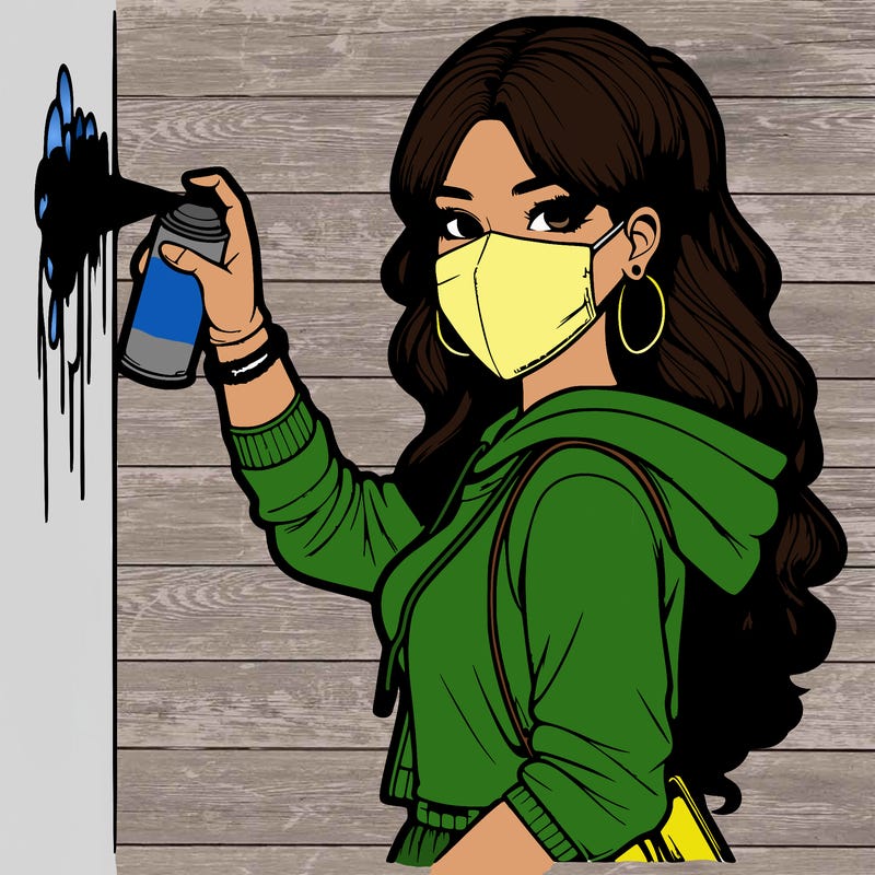 realistic girl with mask spray painting a wall