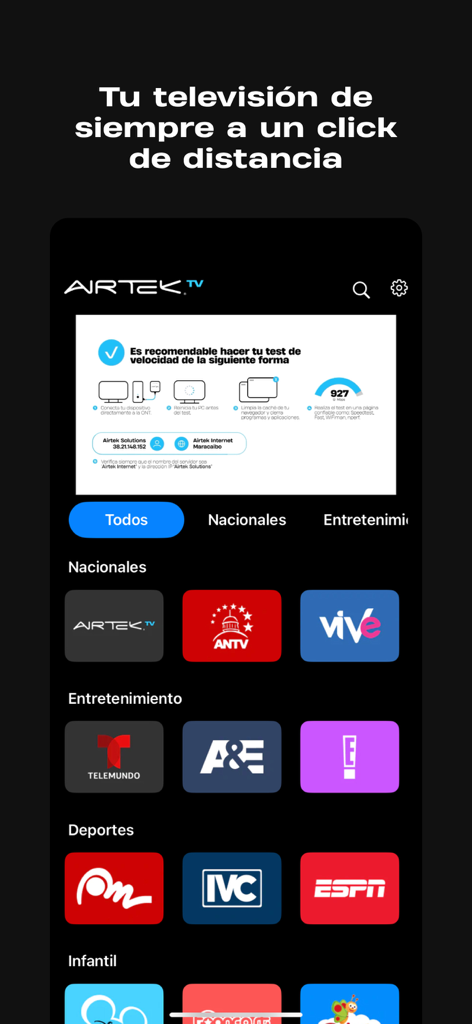 Airtek TV mobile app interface showing live channel categories and logos for national news, entertainment, and sports.