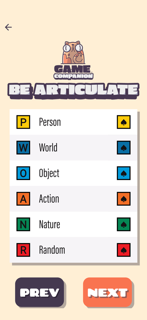 Be Articulate - Game Companion - Be Articulate app interface showing game categories for person world object action nature and random