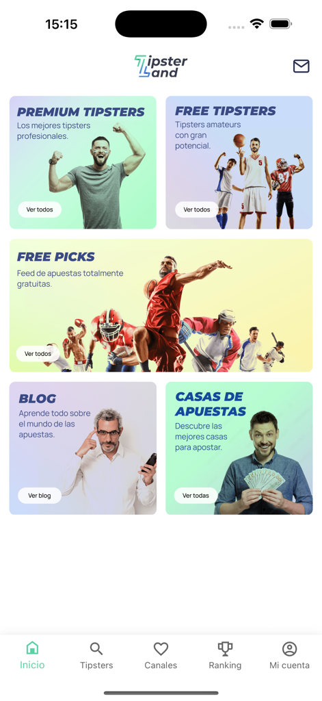 Tipsterland - Apuestas - Startbildschirm der Tipsterland Sportwetten-App mit Bereichen für Premium- und kostenlose Tipster