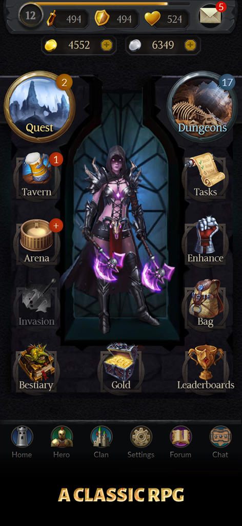 Age of Revenge: Card Based RPG - Main interface of Age of Revenge mobile RPG featuring a fantasy character and game menu icons