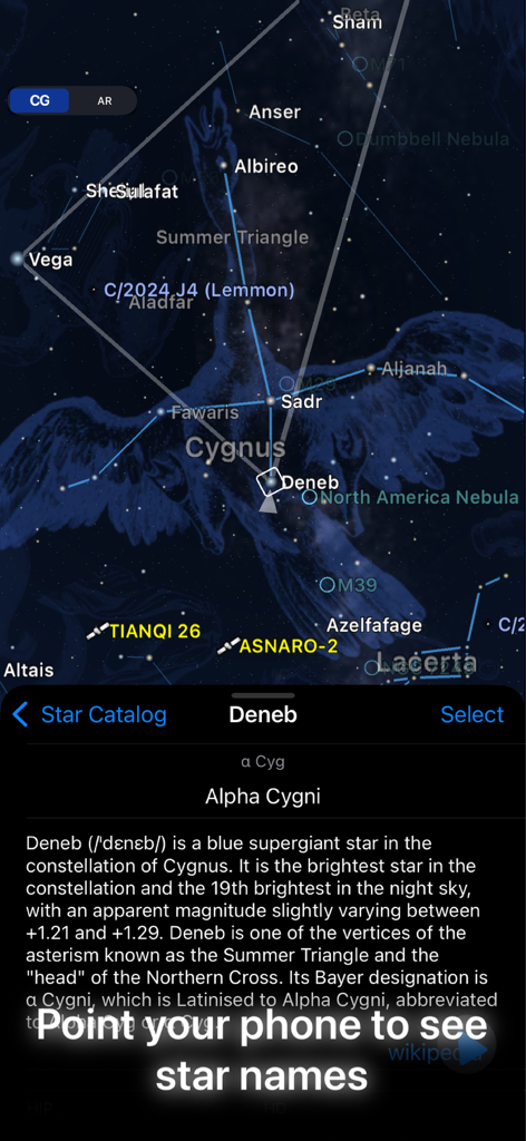 Starry Map - Starry Map app interface showing Cygnus constellation illustration and detailed information for the star Deneb.